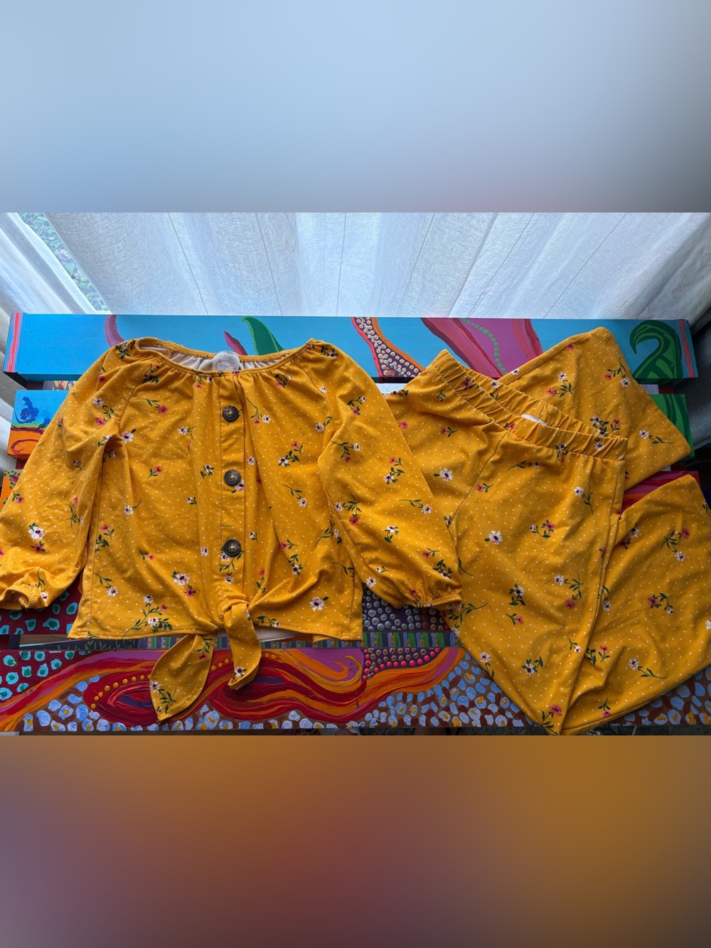 Girls' Mustard Floral Tie-Front Blouse & Pants Matching Set Size 5